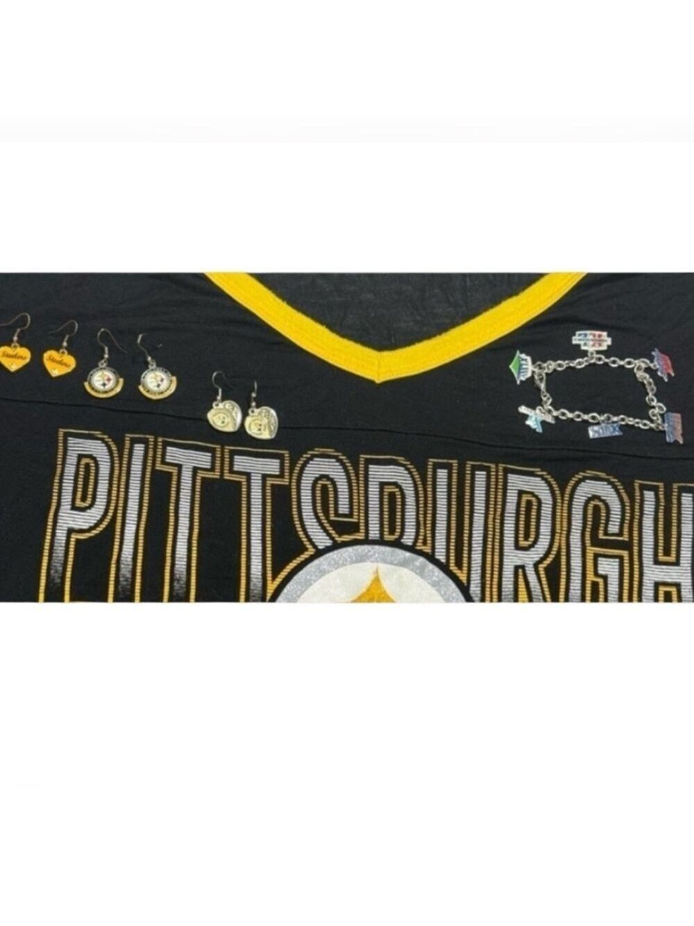 Pittsburgh Steelers Shirt/3 pair Earrings/Super Bowl Charm Bracelet